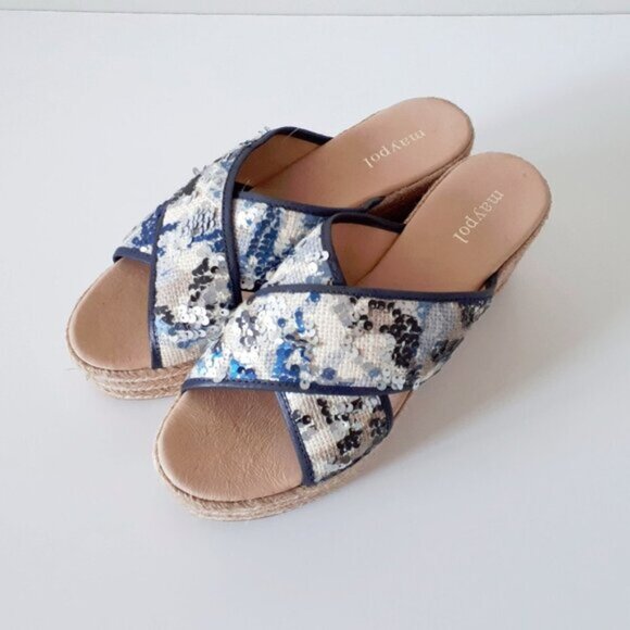 NWOT Maypol sequin & textile criss-cross strap espadrille platform wedge sandals - Picture 3 of 9